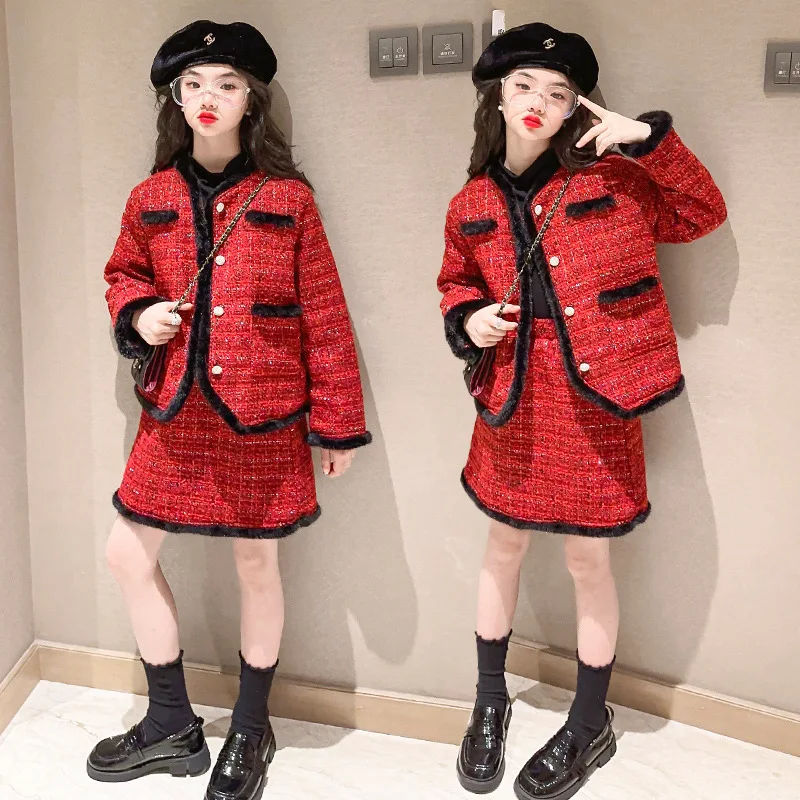 

Girls' foreign air autumn and winter suit Children's girls' baby Red little fragrant New Year dress dress Winter suit dress set