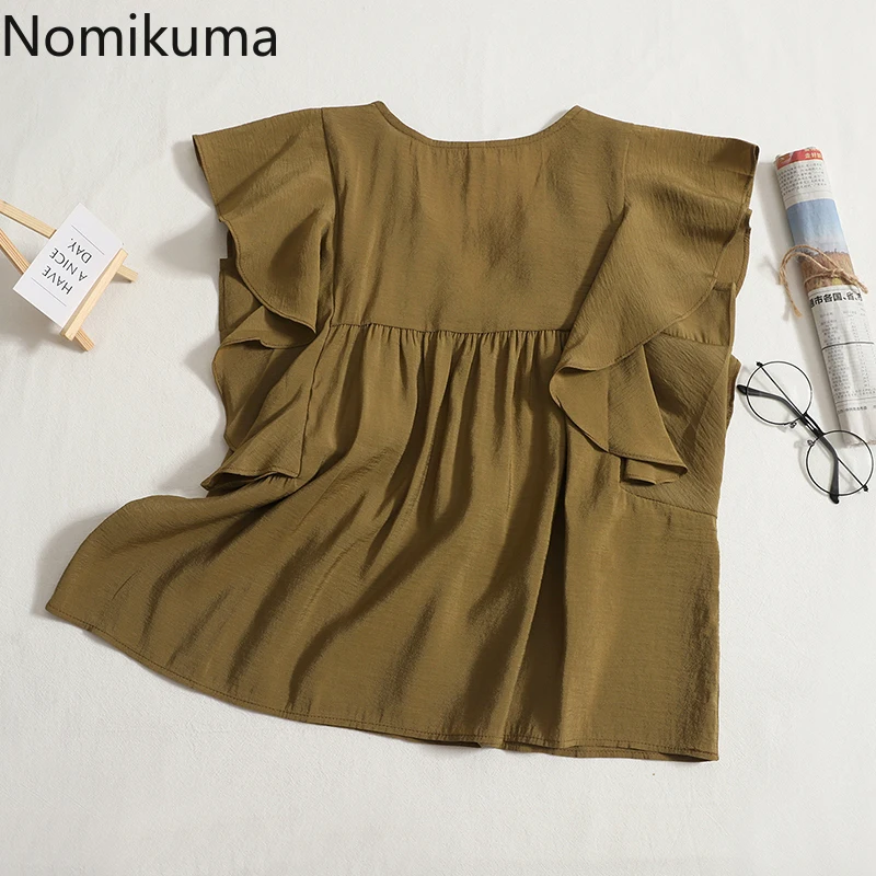 

Nomikuma Blusas Femininas Elegantes Summer Sleeveless Ruffles Patchwork Pleated Shirts for Women Harajuku Casual Blouse Women