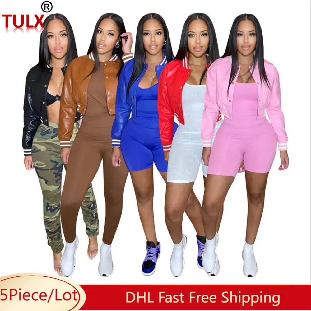 

5 шт., Женская бейсбольная куртка из ПУ кожи, с длинным рукавом