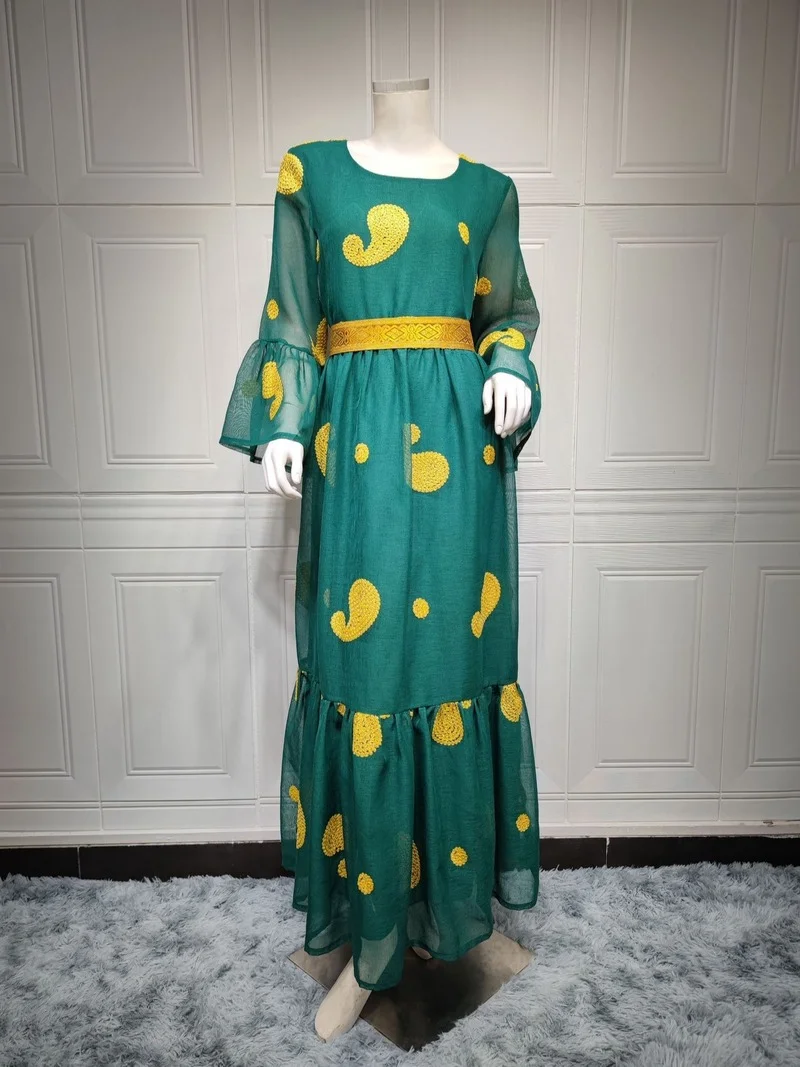 Ramadan Eid Mubarak Green Abaya Dubai Turkey Islam Muslim Arabic Long Dress Kaftans African Dresses For Women Robe Femme Longue