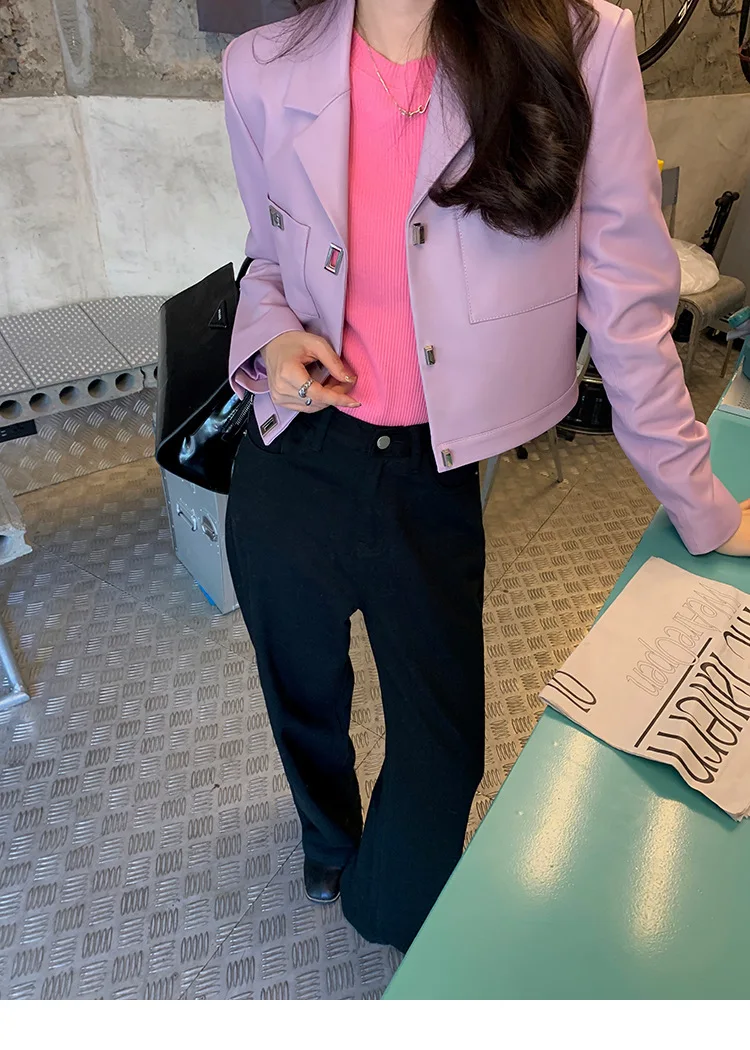 2022 Women New Lapel Casual Metal Locks Genuine Leather Sheepskin Jacket E16