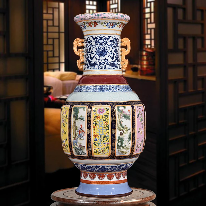 

Антикварная керамическая ваза Цзиндэчжэнь, королевская напольная ваза с двумя ушками, домашние предметы, мебель для гостиной, напольная ва...