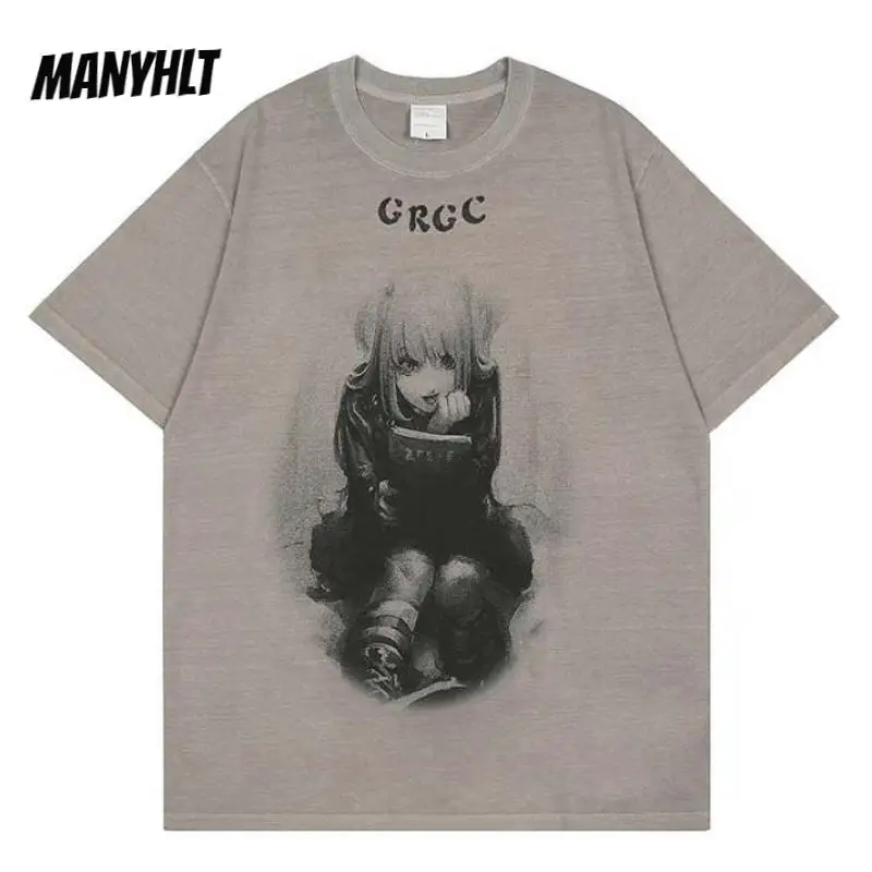 

Японская футболка с рисунком девушки из мультфильма каньцзи, Винтажная футболка в стиле панк с эффектом потертости, уличная одежда в стиле ...