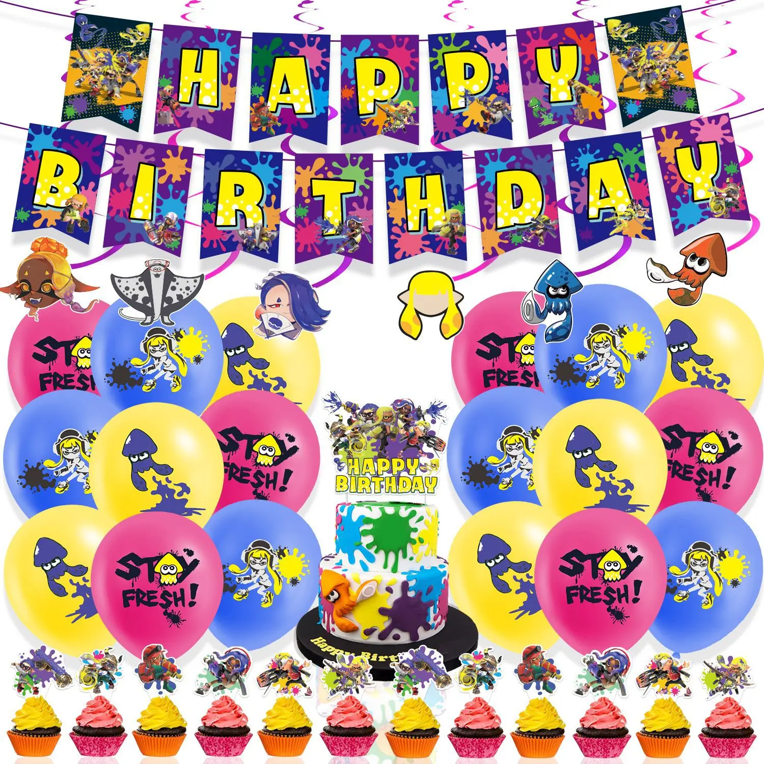 

Shooting Game Splatooned Birthday Party Decoration Splatooned Balloon Banner Cake Topper Party Supplise Kids Toys