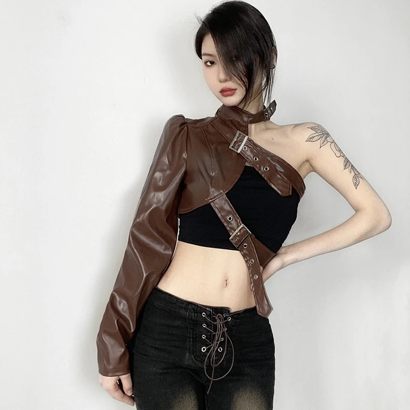Summer Punk Gothic Tops Sexy Hot Girl Metal Adjusting Button Pu Leather Tops One Shoulder Leather Jacket Women Pu Design Slim