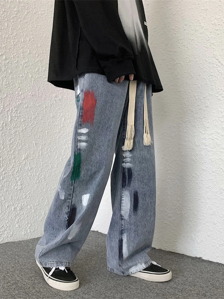 

ZCSMLL Literary men's graffiti used jeans men's spring new Hong Kong style fashion straight pants loose large versatile pants