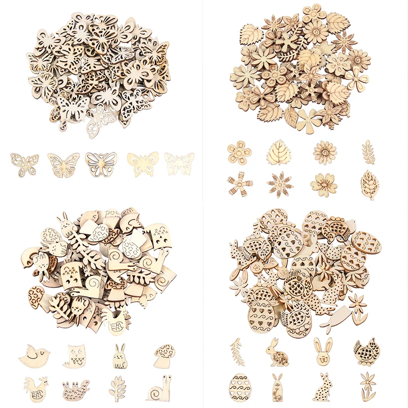 

50pcs Wooden Rabbit Chicken Butterflies Mini Wood Hanging Ornament Happy Easter Party Decoration Kids Favor DIY Crafts Decor