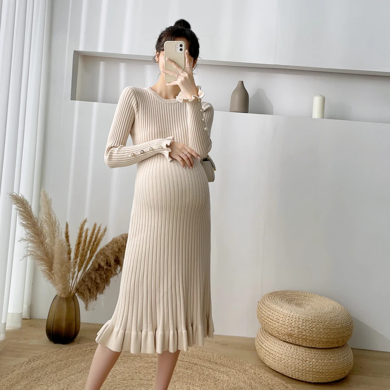 Maternity Dress Autumn Winter Knitted Long Sweaters Chic Ins Elegant A Line Slim Dress Clothes For Pregnant Women Pregnancy