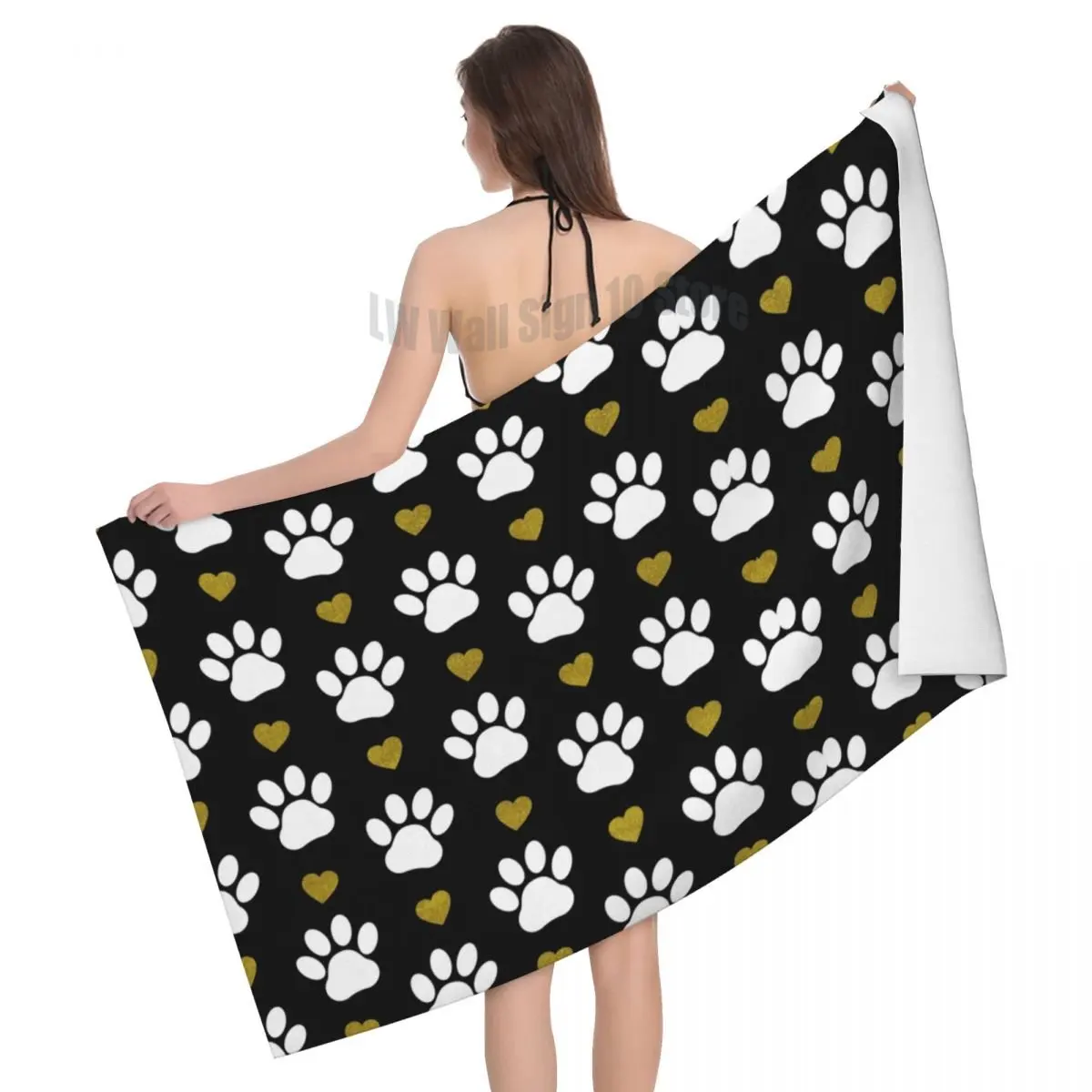 

Trendy Pattern Of Paw Beach Bath Towel Microfiber White Dog Paws Gold Heart Shower Sports Yoga Towels