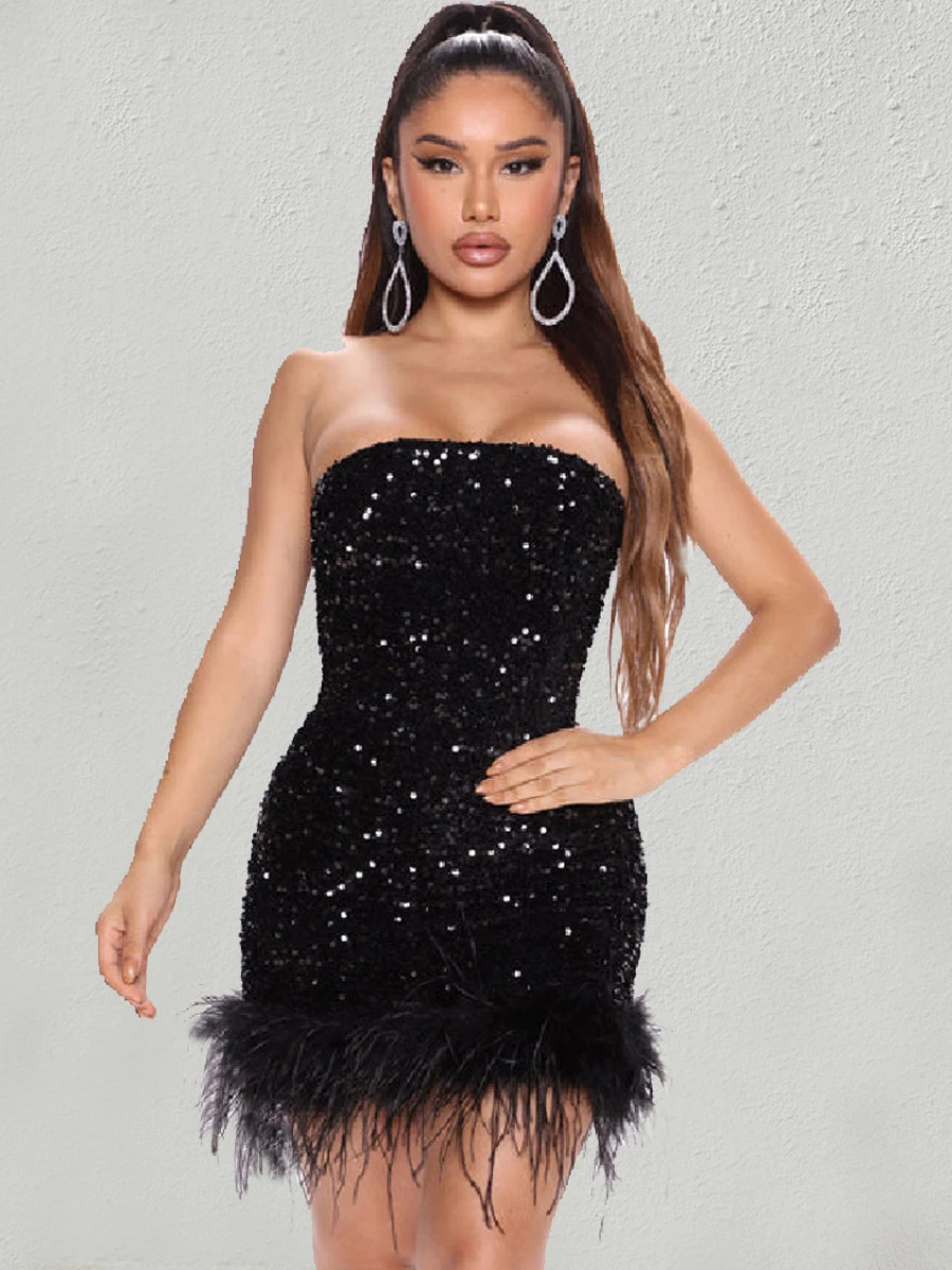 

Fashion Women's Strapless Feathers Nightclub Short Dress Sexy Female Off Shoulder Backless Bodycon Package Hip Sequins Dresses