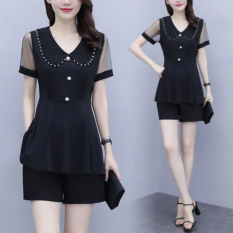 

Tracksuit Women 2022 Casual Lounge Wear Peter Pan Collar Short Sleeve Blouse Tops And High Waisted Mini Shorts Two Piece Set 5XL