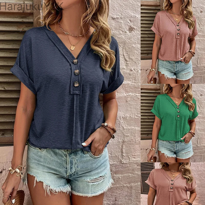 

Women Solid T Shirt Tops for Ladies V Neck Short Sleeve Button Blouse Tee High Quality Casual Women Clothing Camisetas De Mujer