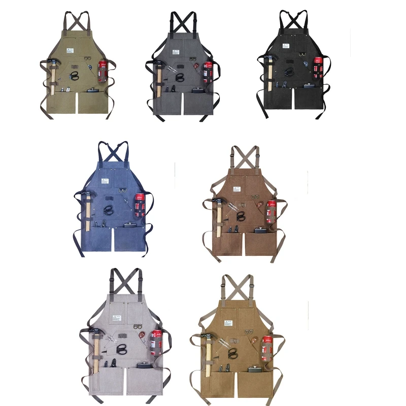 

Thick Canvas Cross Back Straps Work Apron Heavy-Duty Multi Tool Pocket Split Front Waterproof Woodworking Adjustable Bib