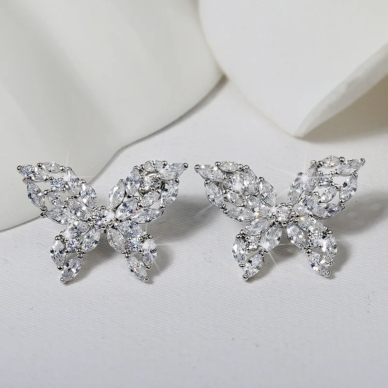 

New Exquisite Bow Zircon Earrings Female Bling Bling Zircon Butterfly Earrings With 925 Stamp Party Birthday Gift
