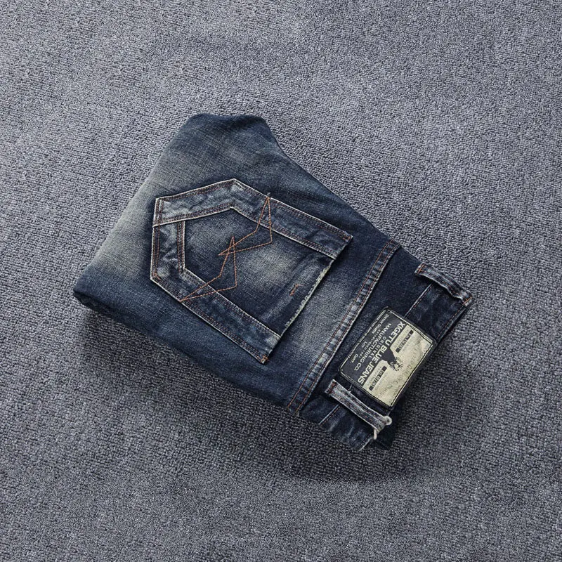 Italian Fashion Designer Men Jeans Retro Black Blue Stretch Slim Fit Ripped Jeans Men Embroidery Patchwork Vintage Pants Hombre