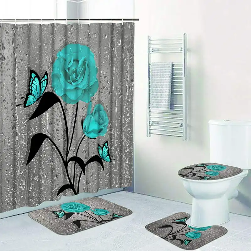 

Занавеска для душа и ковер из полиэстера с изображением серых роз и цветов, набор для украшения ванной комнаты, водонепроницаемая занавеска для душа с 12 крючками и