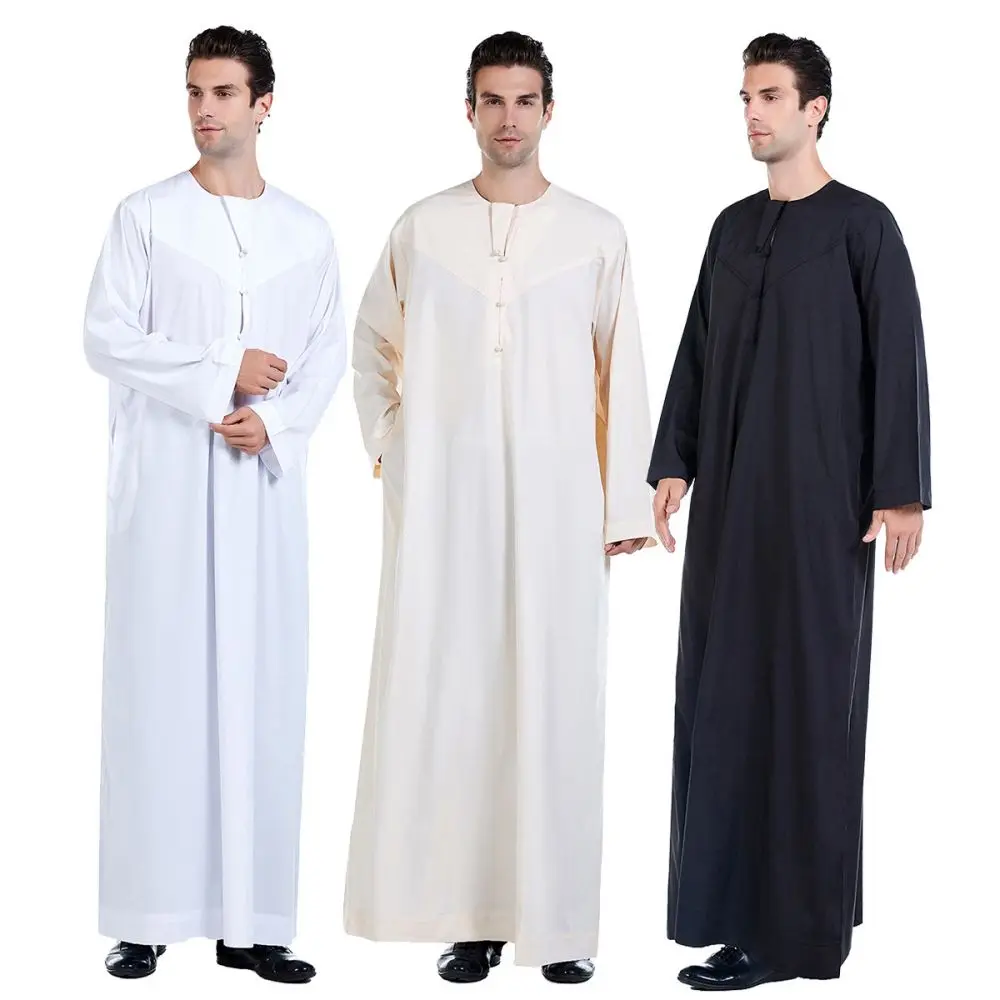 Muslim Robe Comfortable Caftan Men Long Sleeve Round Collar Muslim Clothing Arab Kaftan Eid Middle East Jubba Thobe Gift