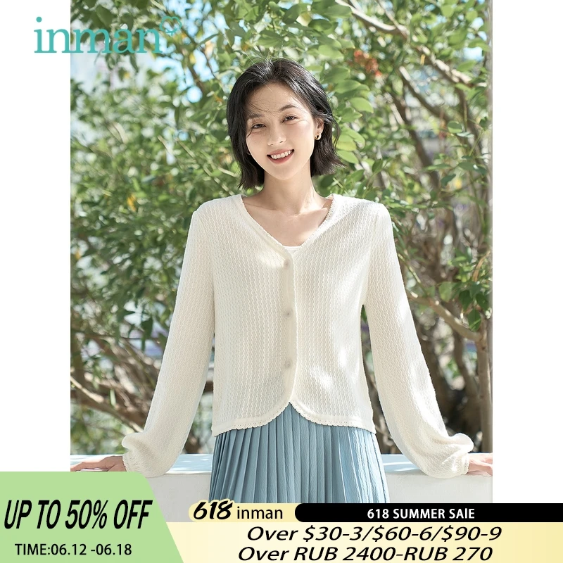 

INMAN Women Knitted Cardigan 2023 Spring Puff Sleeve V-neck Loose Knitwear French Commuting Stitching Lace Elegant Outwear