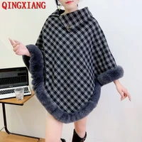 2 colors warm turn down collar pullover 2022 winter faux fur out street wear women capes poncho knitted dark grey plaid fur coat