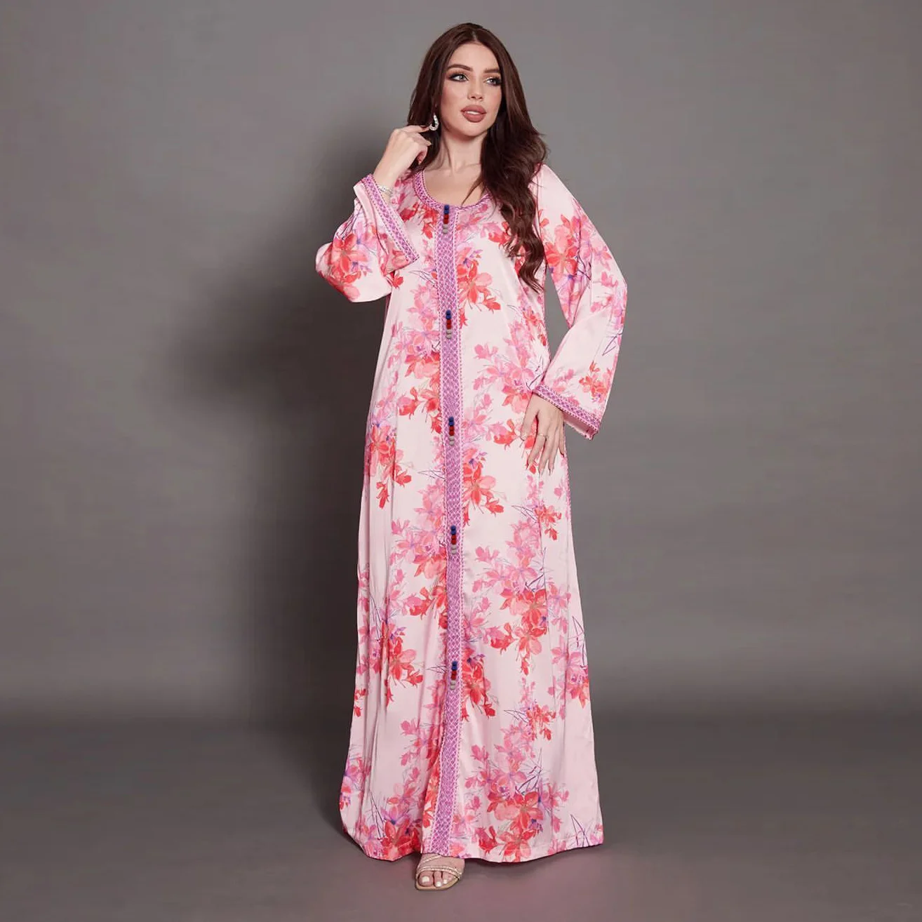 

Abaya Loose Arab National Style Summer Long Sleeved Red Pink Muslim Dress