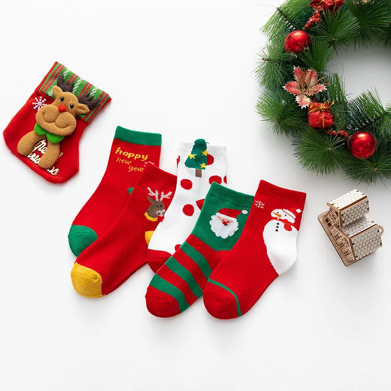 

5 Pairs/lot Autumn Winter Boys Girls Mid Socks Children's Cotton Socks Baby Cartoon Christmas Floor Sock 1-12 Y