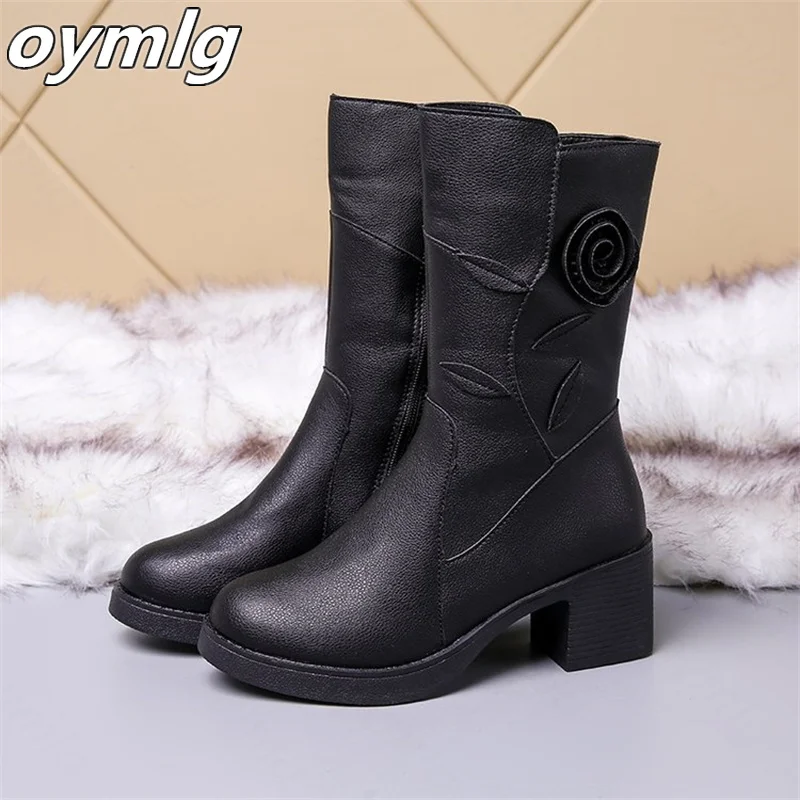 Autumn and winter new mid-boots women's new mid-heel plus velvet leather boots cotton shoes women's thick heel women's boots