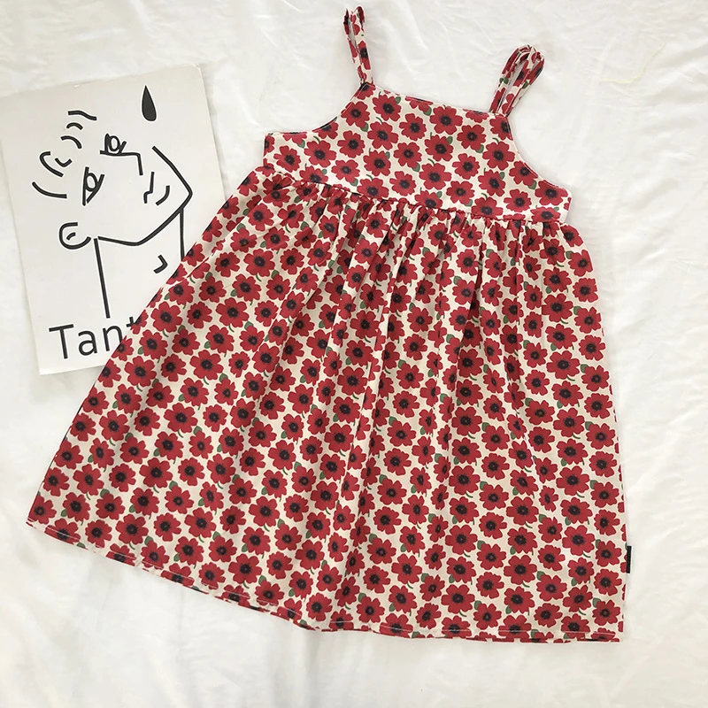 Red Flowers Cute Summer One-Piece  Elegant Sling Princess Long Dresses For Girl Korean Children's Clothes 2023 From 2 To 8 Years