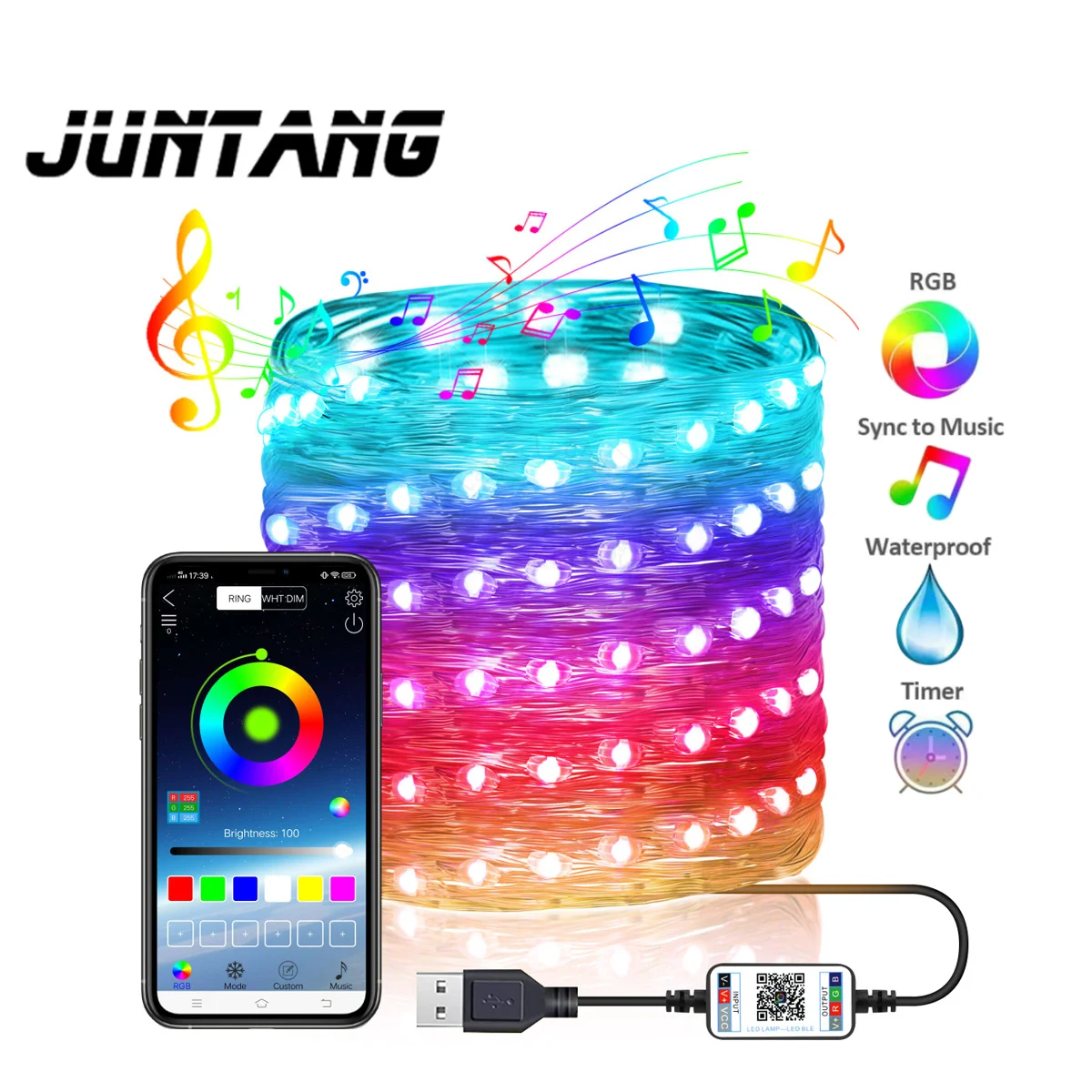 

led copper wire light string mobile phone bluetooth app dimming color control usb rgb Christmas light string