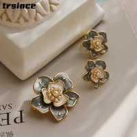 french elegant enamel pearl flower pin brooches antique camellia earrings woman party brooch gift