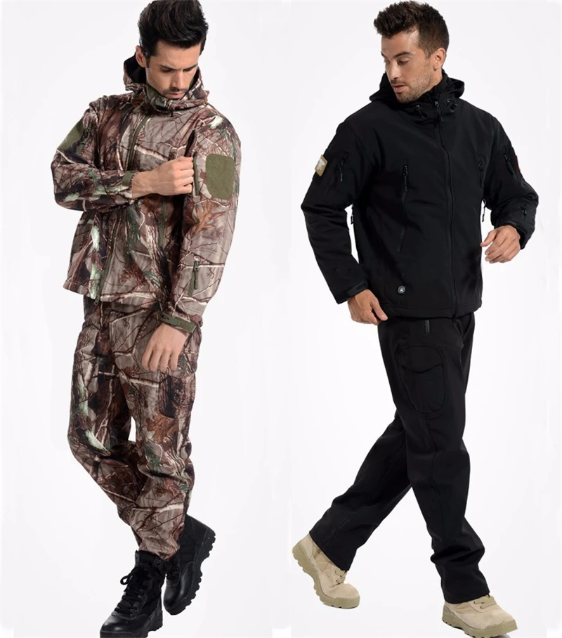 Outdoor Tactical Military Jacket Men TAD Softshell Fleece Camouflage Waterproof Jacket + Pants Camping Hiking Hunting Sport Suit