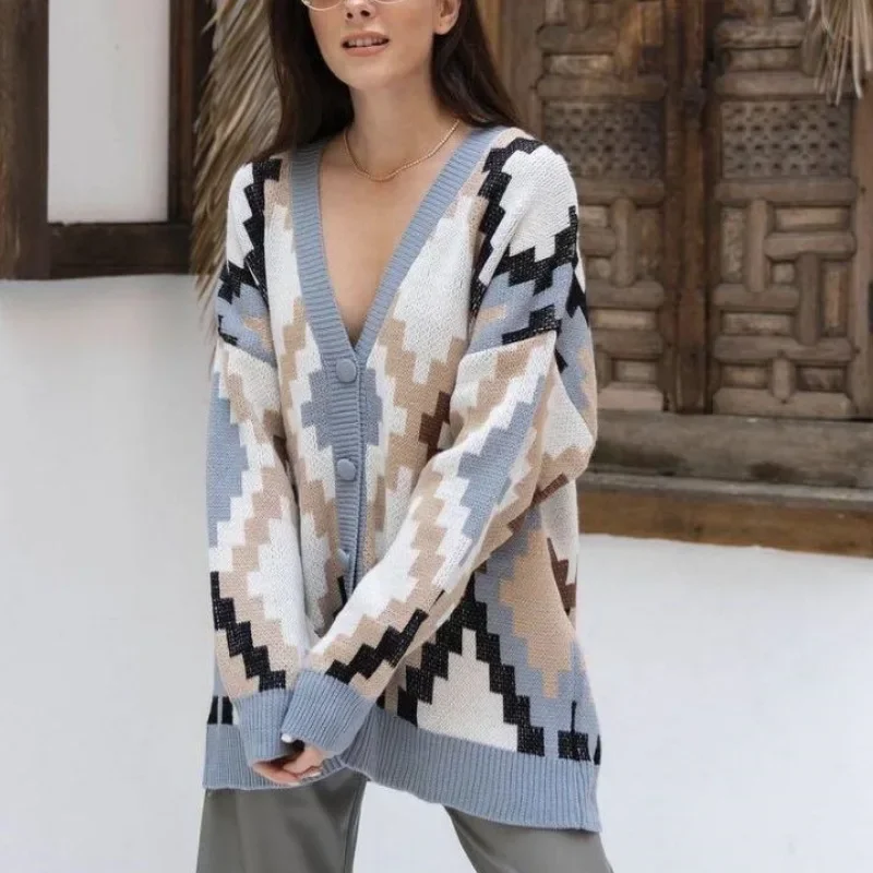 

Женский жаккардовый свитер с контрастными бриллиантами, осенне-зимний Свободный вязаный кардиган с геометрическим рисунком