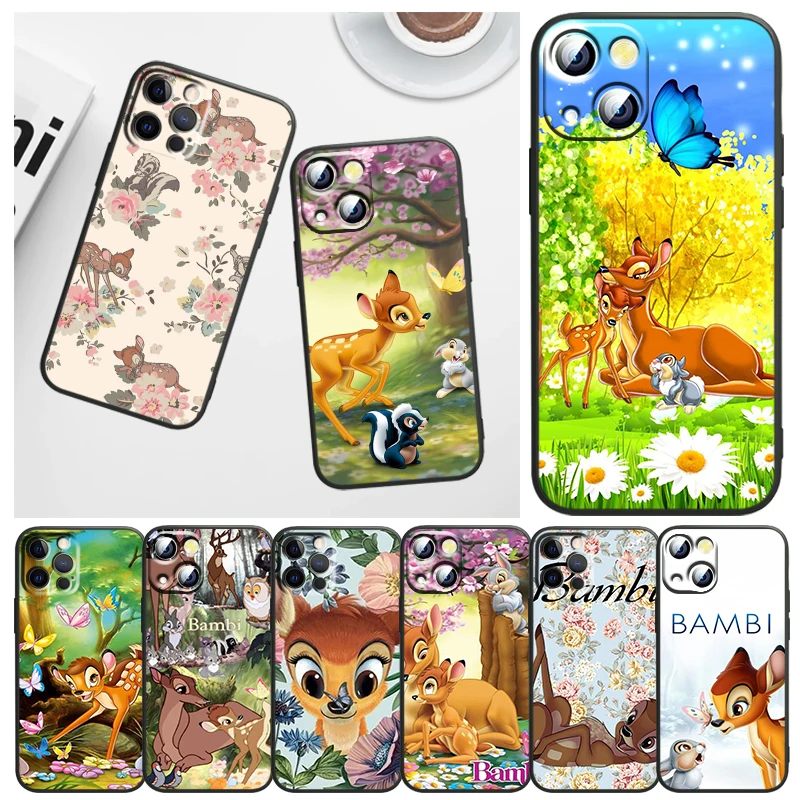 

Phone Case For Apple iPhone 14 13 12 11 mini 8 7 6 XS XR X SE 2020 Pro Max Plus Funda Bambi Disney Cartoon Black Cover