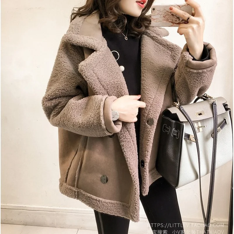 2021 Autumn New Women Winter Faux Fur Suede Jackets Coat Thicken Warm Lambswool Teddy Coats Ladies Loose Oversized Outwear Tops