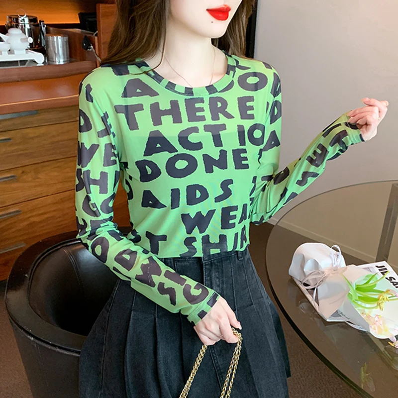 

Ladies Mesh Hollowed Out See-through Graphic T Shirts Women Clothing Girls Casual Basic Sexy Tops Female Clothes Py1113-1