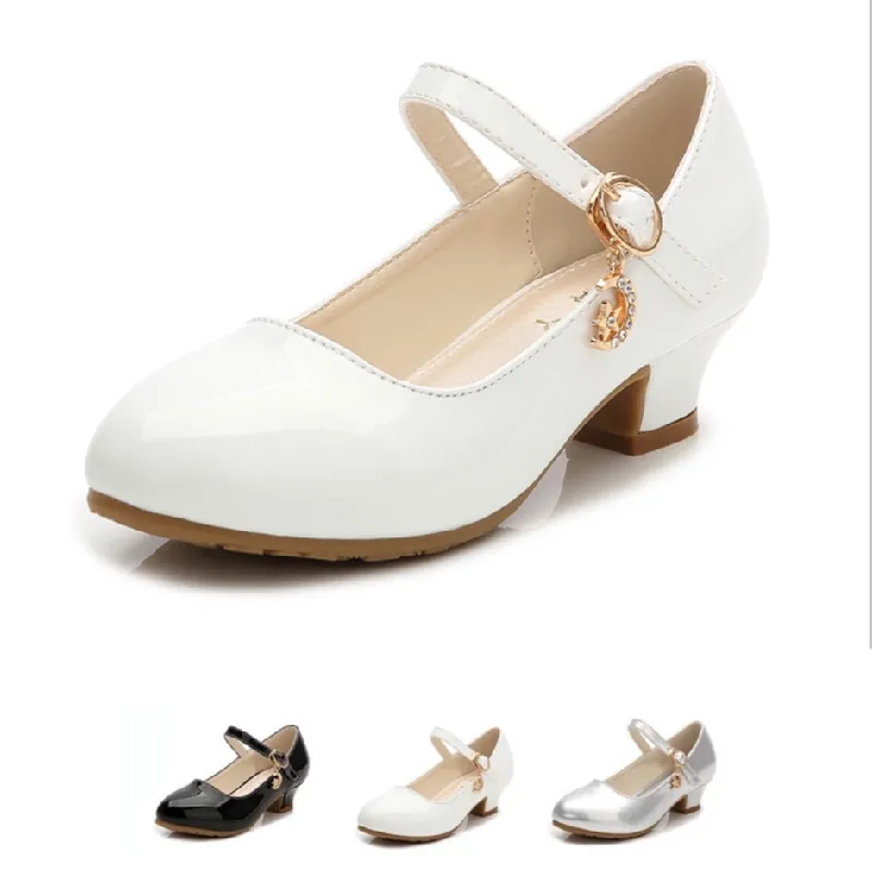 Children Girls Leather Shoes White Princess High Heel Shoes For Kids Girls Performance Dress Student Show Dance Sandals 26-41