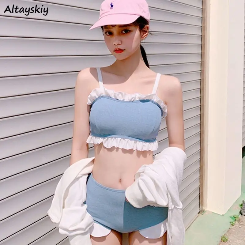 

Bikini Sets Women Patchwork Ins New Soft Teens College Gentle Prevalent Blue Cool Bathing Girlish Chic Summer Beachwear Vacation