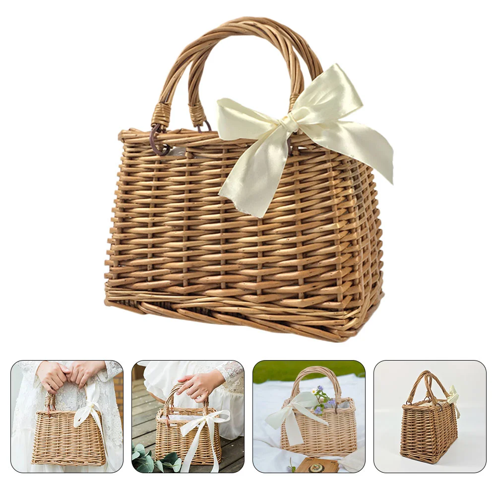 

Woven Flower Basket Purse Vegetables Carrying Hand-woven Holder Wicker Picnic Bag