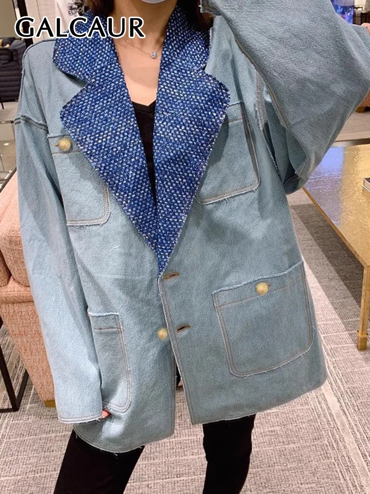 

GALCAUR Vintage Denim Blazers For Women Notched Collar Long Sleeve Patchwork Pockets Casual Colorblock Chic Blazer Female New