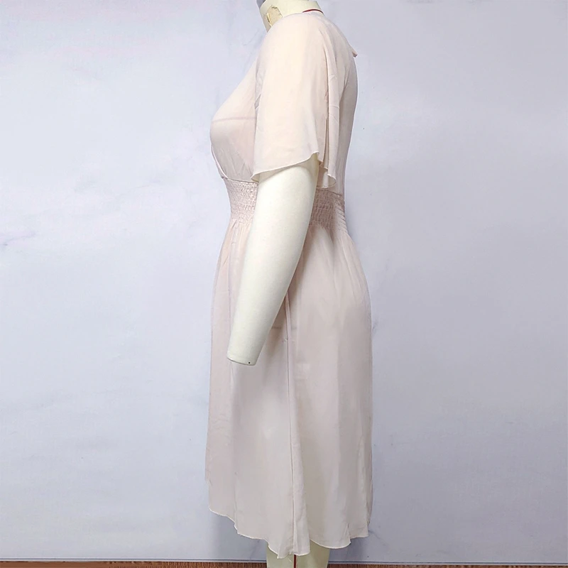 

Wrap V-Neck Women Midi Dress Ruffles Half Sleeve Empire Elastic Waist Flowy Elegant Solid Color Casual Loose Sundress
