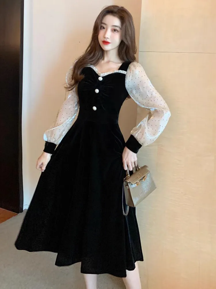 Новинка 2024 осенняя одежда золотое бархатное платье женское осенне-зимнее