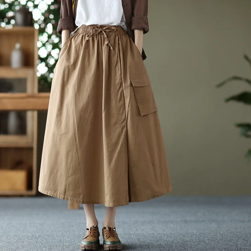 

NINI WONDERLAND 2022 Autumn Cotton Elastic Waist Loose Skirt Women Patchwork Asymmetrical Casual Skirts Female Pockets Skirt