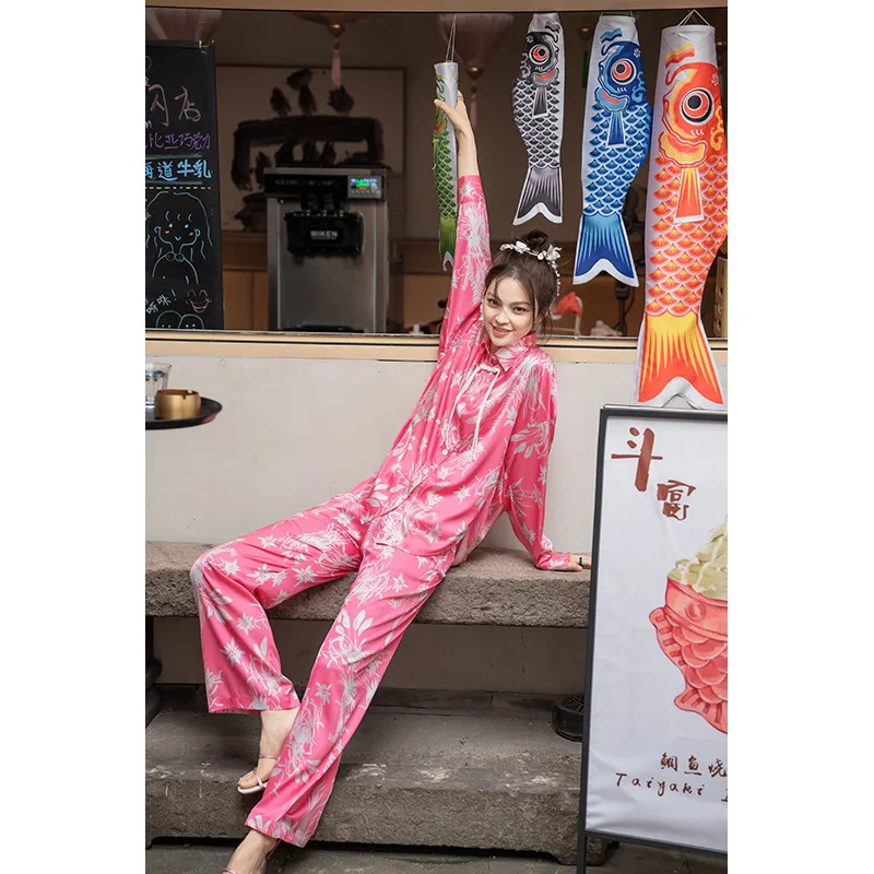 Maison Gabrielle 2022 Fall New Vintage Chinoiserie Cheongsam Style Pajamas Set 2 Pieces Long Sleeve Loungewear Sleepwear Women