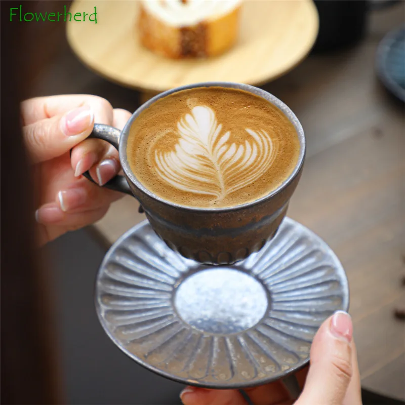 

Japanese Retro Ceramic Tea Cup Saucer Set Porcelain Coffee Cup and Saucer Afternoon Tea Mug Coarse Pottery Small Coffee Mug