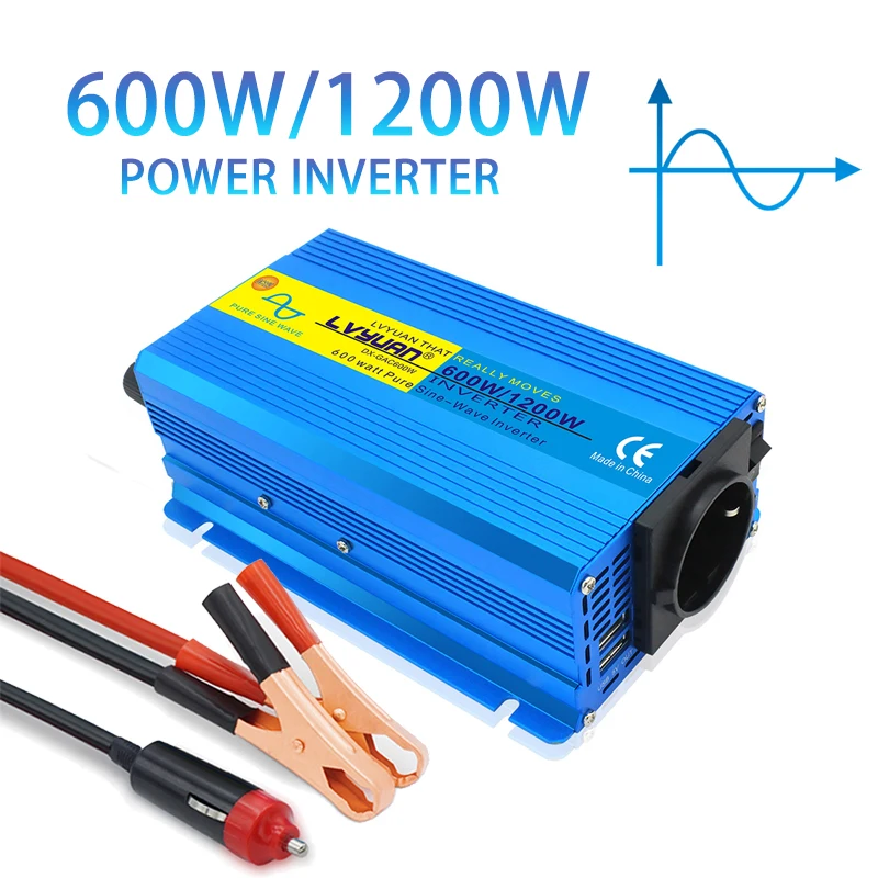

DC 12V to AC 220V 60Hz 50Hz Peak 1200W Full Car Converter Power Supply Pure Sine Wave Solar Power Inverter EU Universal Socket