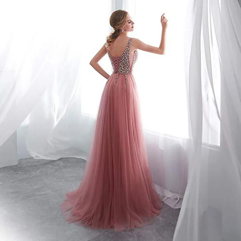 Beading Evening Dress 2023 V-Neck Pink High Split Tulle Sweep Train Sleeveless Prom Gown A-line Lace Up Backless Vestido De