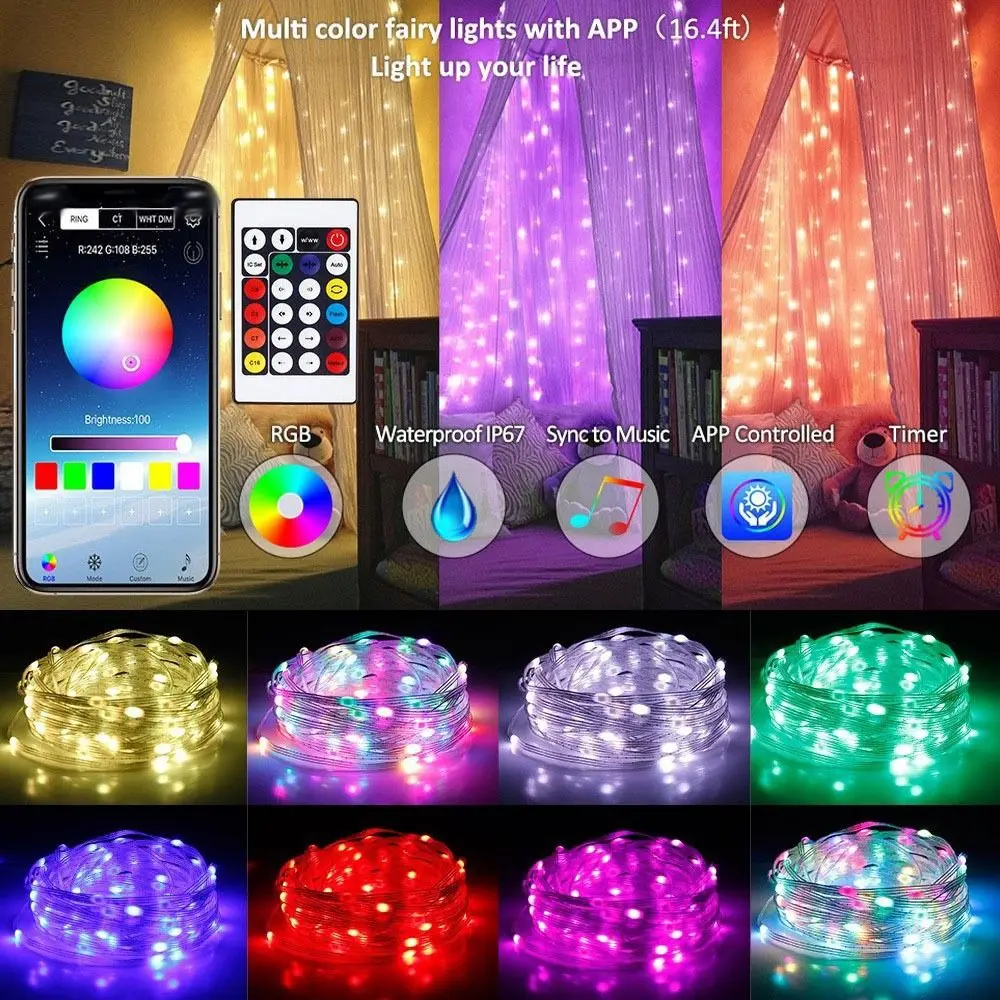 Фото Светодиодные гирлянды Dreamcolor с изменением цвета, Bluetooth-управлением, музыкальным синхронизированием, 36В, умные RGBIC-лампы, управление через приложение, регулируемые. №4