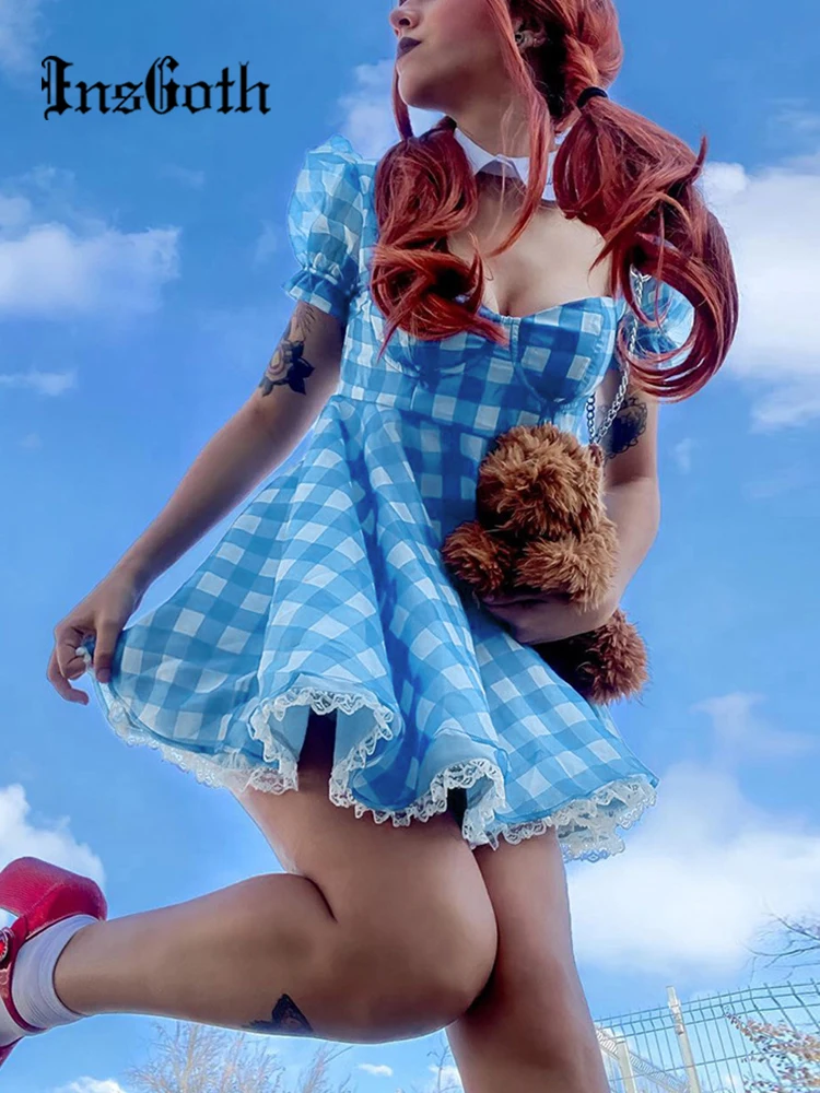 

InsGoth Y2K Vintage Lolita Blue Plaid Dress Goth Aesthetic Sexy Puff Sleeve Hollow Out Mini Dresses Harajuku E Girl Streetwear