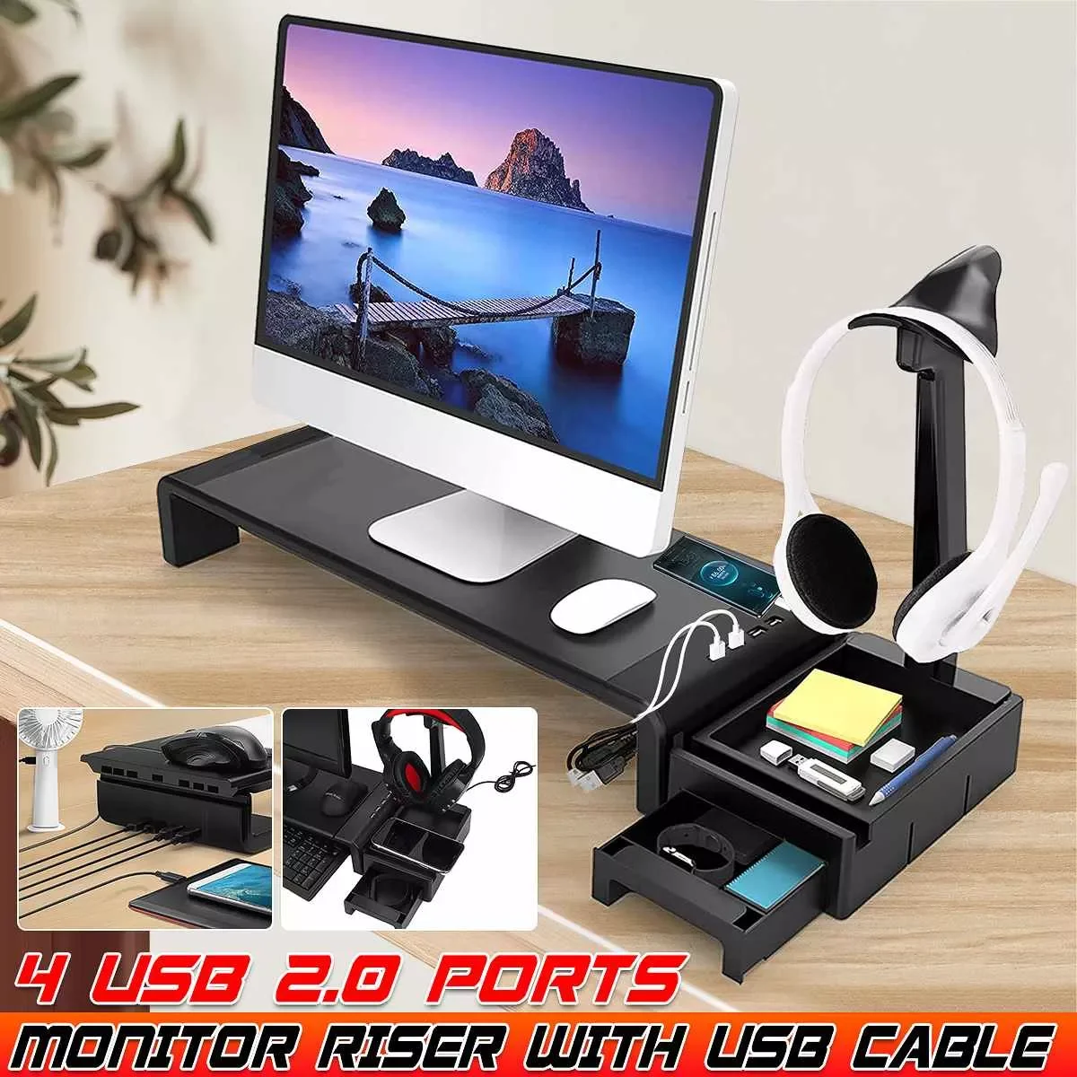 

Monitor Laptop Stand Computer Monitor PC Riser 4 USB Charging Desk Headphone Rack Drawer Monitor Holder Folding Screen Shelf
