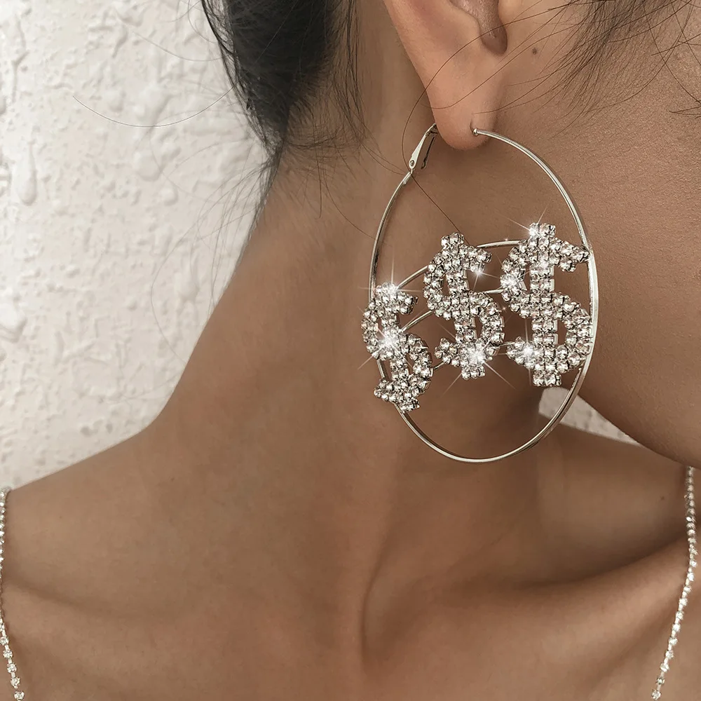 

Modern Fashion Earrings Rhinestone US Dollar Symbol Earrings for Women Exaggerated Design Jewelry Punk New Hoop Earrings