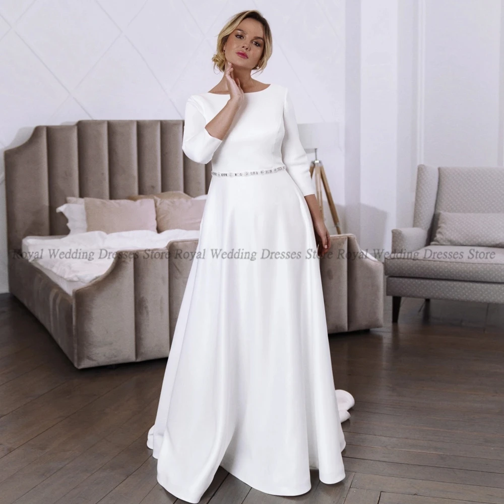 

High Quality A Line Wedding Dresses Sashes Draped Vertically Jewel Open Back Satin 2022 Summer Floor Length Gowns Robe De Ma